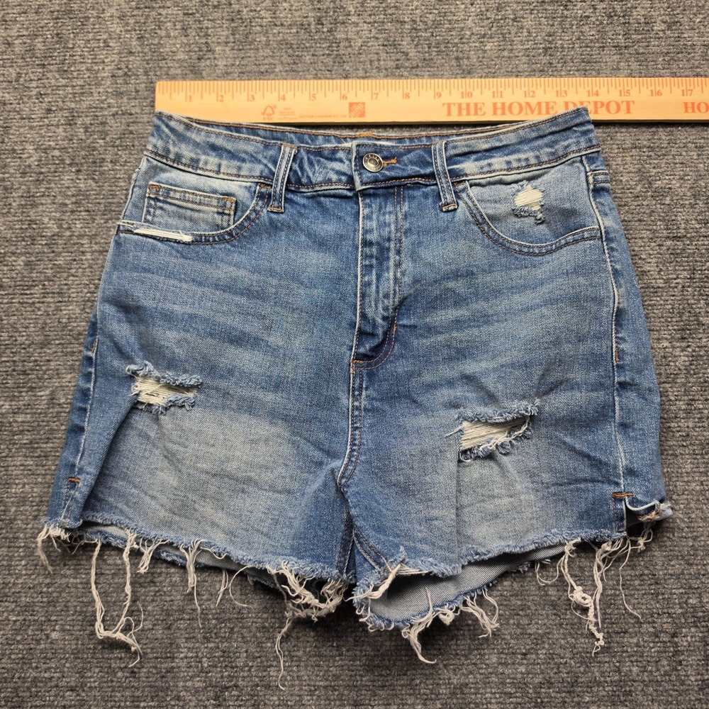 Cello High Waisted Ripped Shortalls Cutoff Jean Shorts Medium Wash Womens Size M